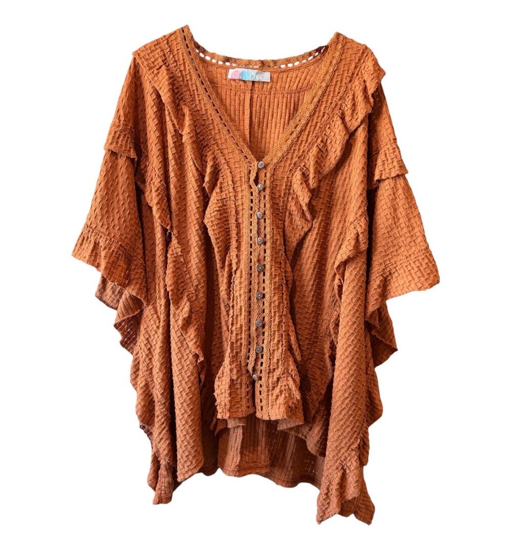 FP Beach Free People NWOT Rust Gauze Ruffle Tunic Top Oversized M/L